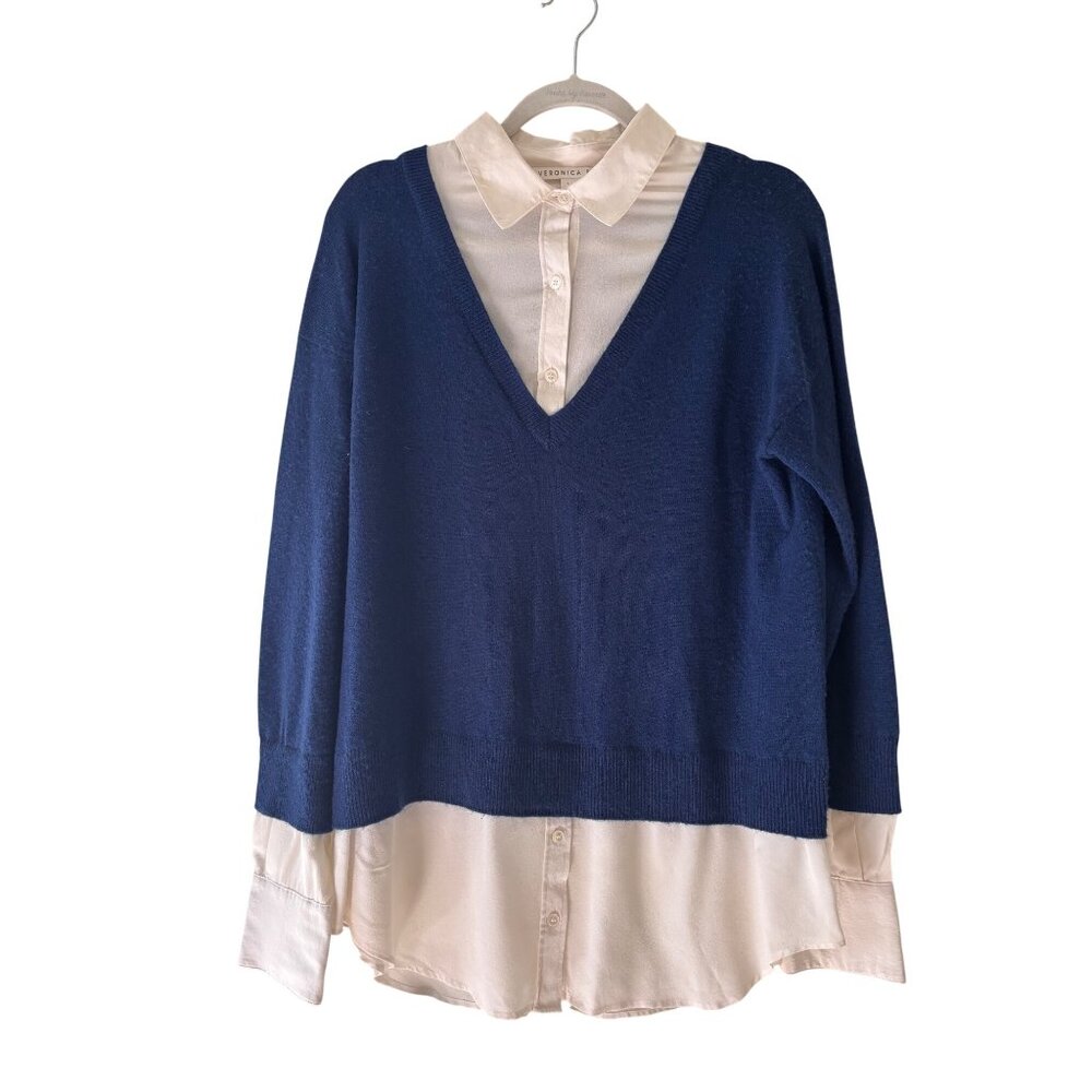 Veronica Beard Navy Blue Wool-Cashmere V-Neck Sweater With Silk Button-Down